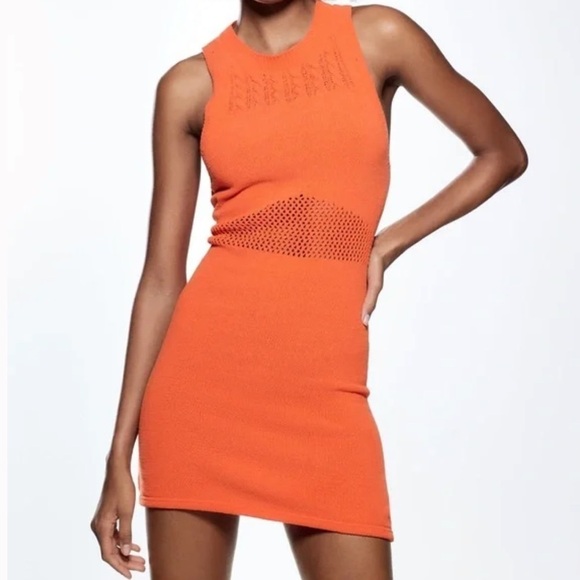 NEW Zara Orange Knit Mesh Mini Dress - Picture 11 of 12